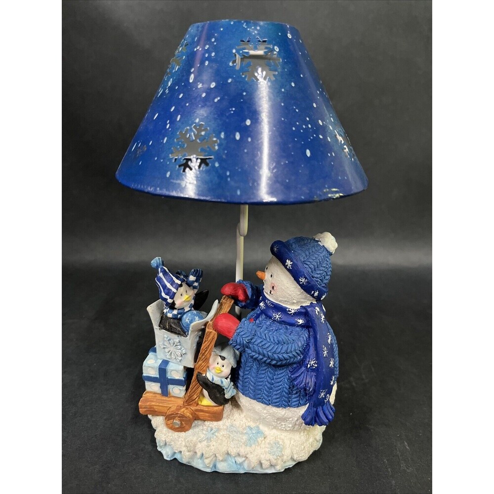 Vintage Blue Snowman Winter Tea‎ Light Candle Holder Lamp 8.5" High Blue